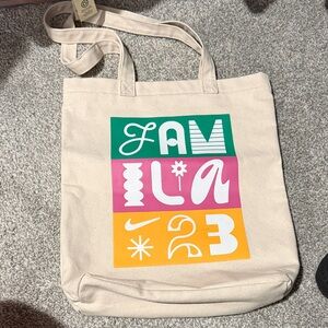 Nike Beige Canvas Tote with Green Pink Yellow Block Graphic